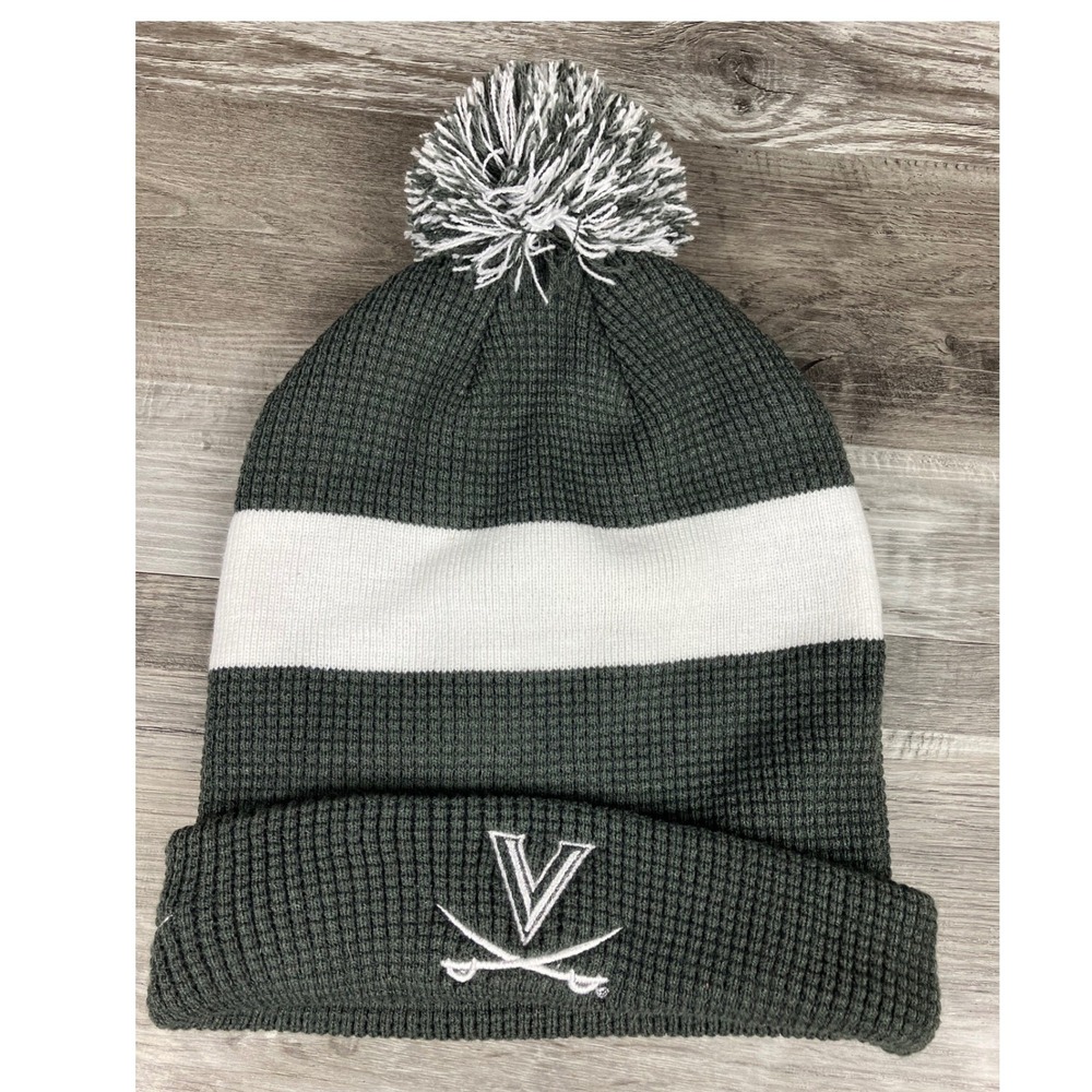 Nike Virginia Cavaliers UVA Sabres Pom Beanie Grey White Waffle Knit Hat OSFM